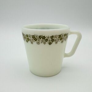 Vintage Pyrex Milk Glass Coffee Mug Crazy Daisy MCM Green Spring Blossom Flowers